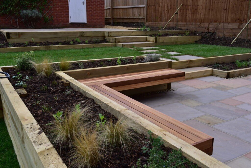 new patio deft landscaping wooden bench seat and wooden planter boxes